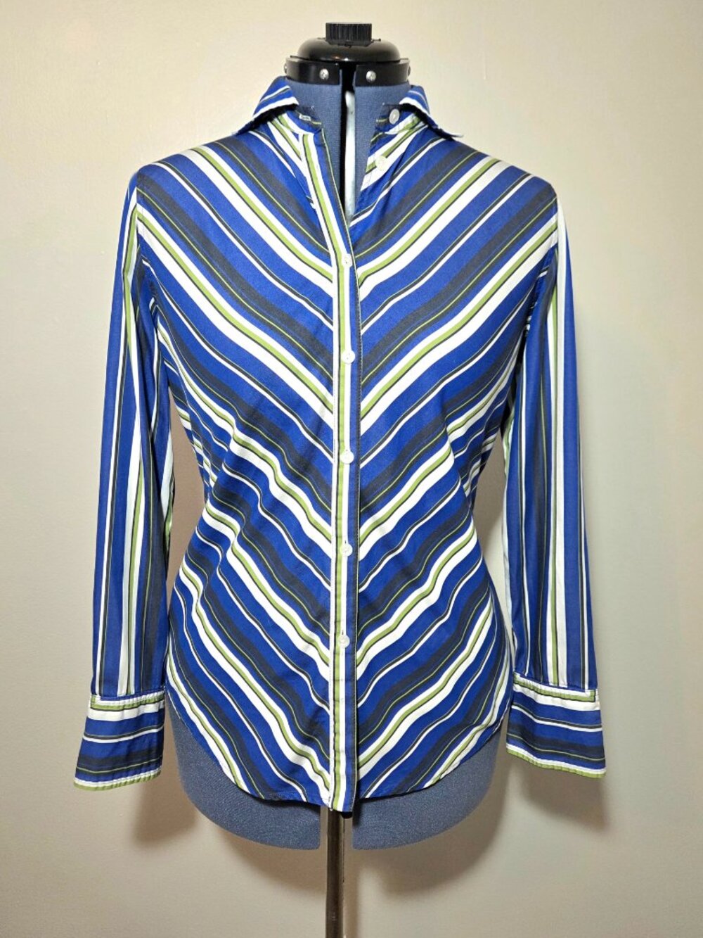 Jones New York Bias Cut Blue and Green Stripe Button Down